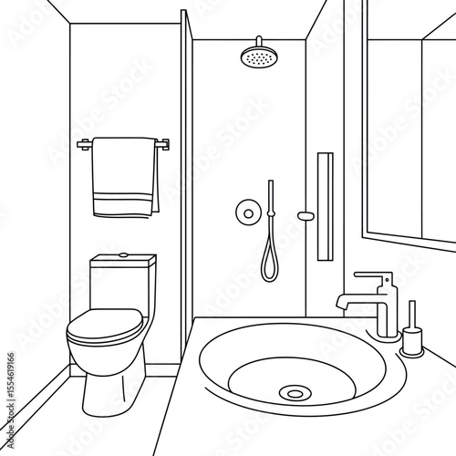Vector Bathroom Interior: Modern Home Restroom Design - Toilet, Shower & Sink Graphic.