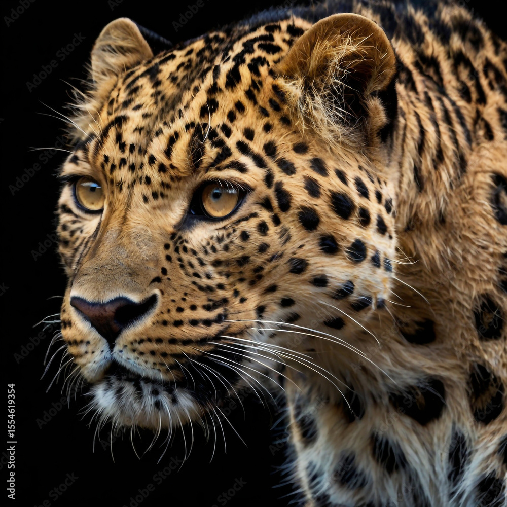 Fototapeta premium A striking leopard portrait showcasing its intense gaze and distinctive spotted fur against a dark background highlighting its powerful and wild nature