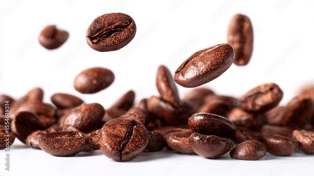 Naklejka premium Roasted coffee beans in mid-air as they fall onto a scattered pile.
