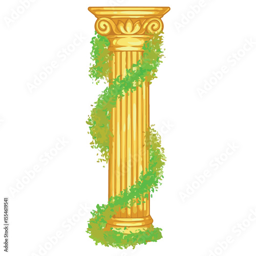 Ancient column with green ivy isolated on white background. Vector illustration.