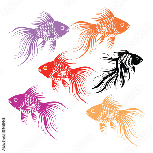 Five colorful illustrations of ornate goldfish in black, red, purple, pink, and orange.