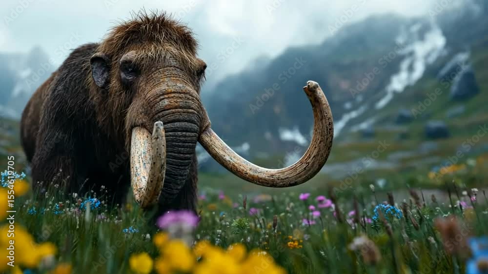 pre historic ancient animal, mammoth in nature grass field 