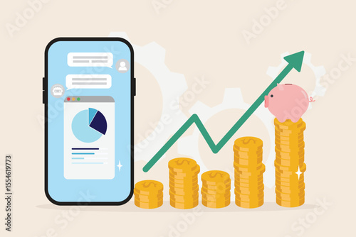 AI assistant, Artificial Intelligence data analysis for Financial investment and Money management concept. High return and growth earning flat vector illustration.