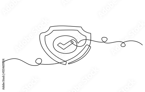 Security shield with check mark of one continuous line drawn. Shield drawn in one line. Safety and anti-virus protection concept. Vector illustration.