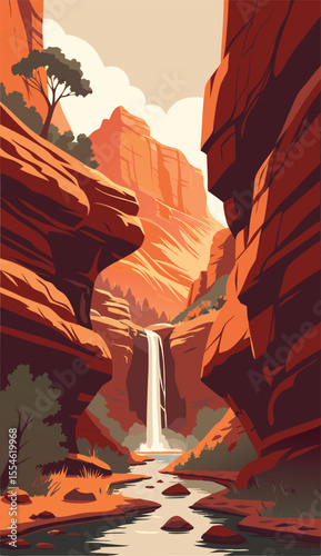 Scenic Desert Canyon with Tall Waterfall View