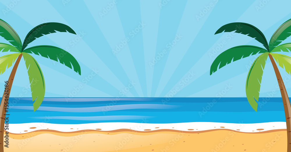 Fototapeta premium Two palm trees frame a sunny tropical beach scene with blue ocean and sky