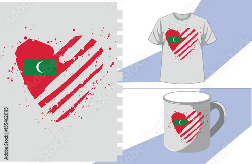 Republic of Maldives heart Shape Flag. Love Republic of Maldives. Mockup coffee cup, tshirt design