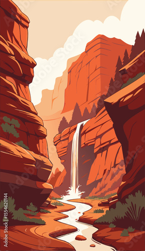 Scenic Desert Canyon with Tall Waterfall View