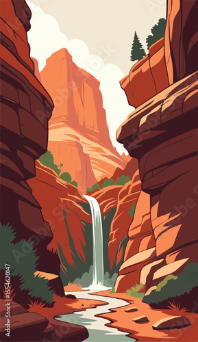Scenic Desert Canyon with Tall Waterfall View