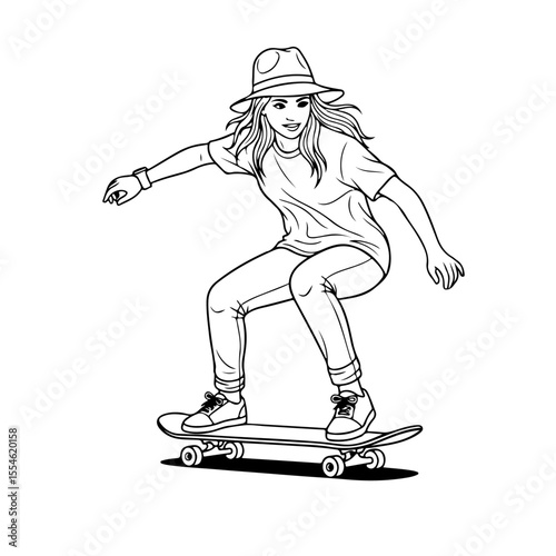 Skateboard Girl with Hat – Black Vector Illustration on White Background