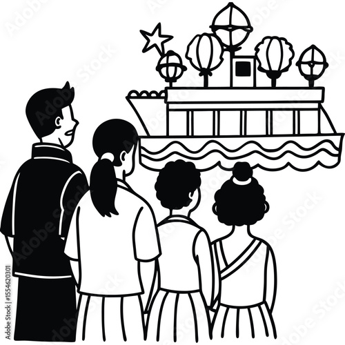 Black and White Illustration Four People View Elaborate Boat Model with Star and Balloons