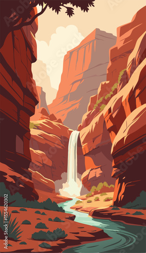 Scenic Desert Canyon with Tall Waterfall View