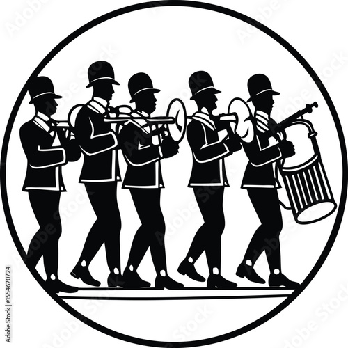Black And White Silhouette Marching Band Musical Instruments Trumpet Drum Cymbals