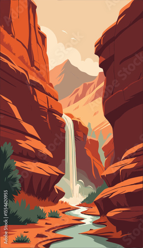 Scenic Desert Canyon with Tall Waterfall View