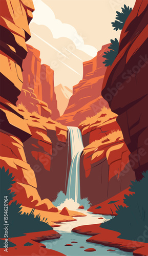 Scenic Desert Canyon with Tall Waterfall View