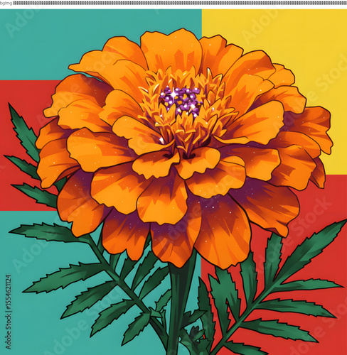 Vibrant Orange Marigold Flower Illustration on Colorful Geometric Background