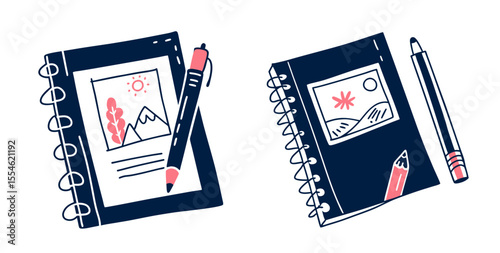 Set of drawing with colored pencils, imitation of a child's drawing on the theme of School, featuring notebooks and pens  