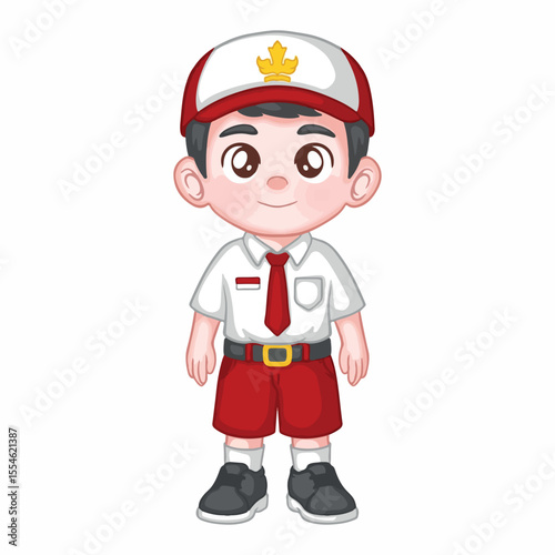 Boy in indonesian elementary school isolated on white background. Vector cartoon illustration.