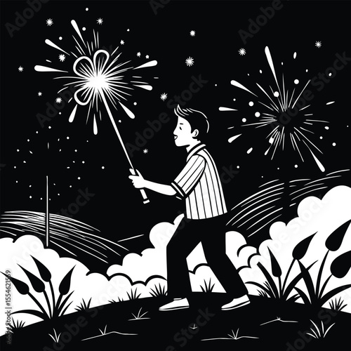 Boy Holding Sparkler Fireworks Night Sky Black White Illustration child