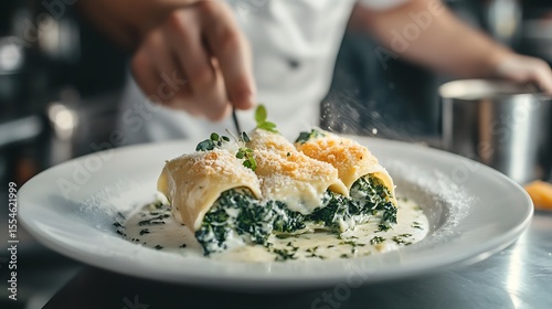 Served cannoli pasta stuffed with spinach and cheese selective focus