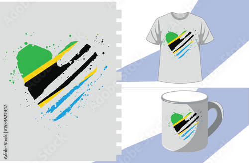 Tanzania heart Shape Flag. Love Tanzania. Mockup coffee cup, tshirt design
