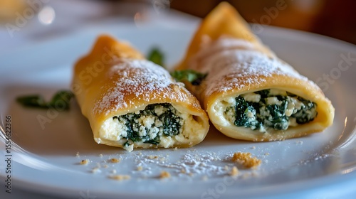 Served cannoli pasta stuffed with spinach and cheese selective focus