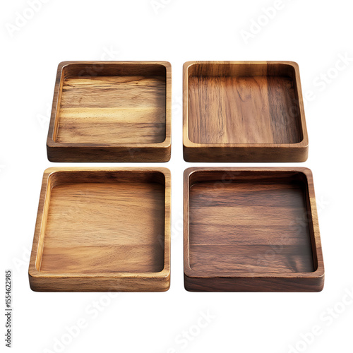 Set of Four Square Wooden Dishes Rustic Serving Trays On Transparent Background