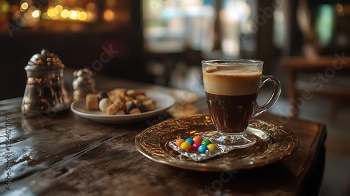 Served filter coffee with candies and a plate on a cafe