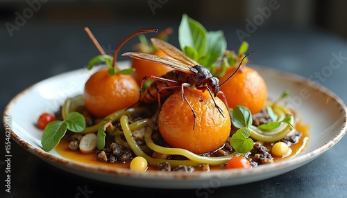 Moderne Gourmetkreation mit Insekten und Melonenbällchen
