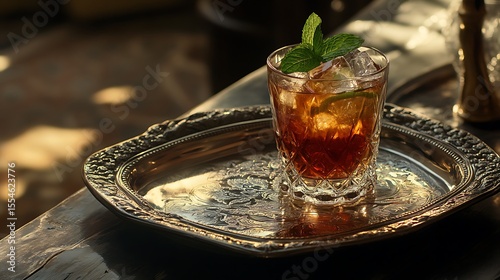 Served mint julep drink on the vintage silver tray