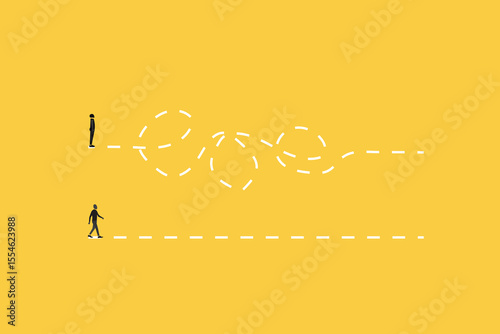 Business people move towards goal trying to overtake opponent to obtain vacant position. concept of different strategies and taking shortcuts or complicated paths