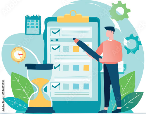 Vector icon set representing time management, multitasking, to-do lists, calendar planning, and productivity tools. Suitable for business, apps, and presentation designs.