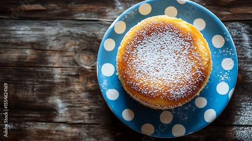 Served on a polka dot plate with dusted powedered sugar