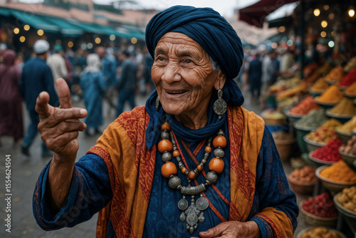 A portrait of a joyful elderly Berber woman with a warm smile, wearing a traditional turban and jewelry at a vibrant Marrakech spice market in Morocco.