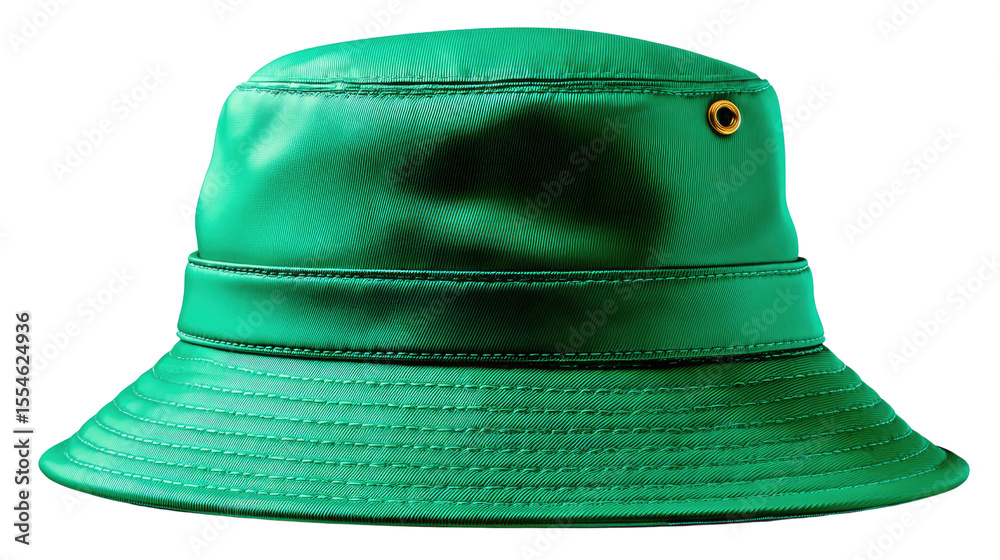 Fototapeta premium Green Bucket Hat: Eye-level studio shot of a trendy, vibrant green bucket hat with stitching detail and a bronze eyelet, epitomizing casual fashion.