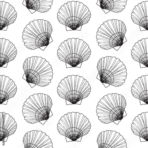 Seamless pattern of Seashells. Hand drawn illustration of sea Shell background. Ocean Cockleshell marine underwater. Line drawing of Scallop. For print decoration, fabric wrapping. Sea bottom Abstract