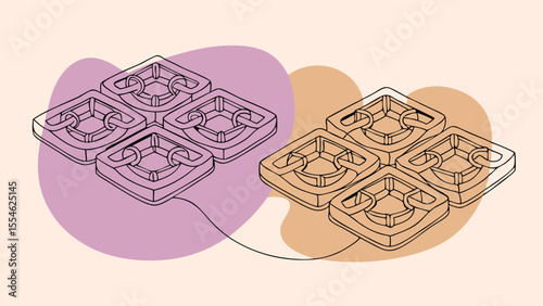 A drawing of a building with a purple and orange background. The building is made up of squares and circles