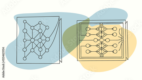 Two diagrams of a network are shown side by side. The first diagram is a simple network with a few nodes and lines connecting them. The second diagram is more complex, with many nodes