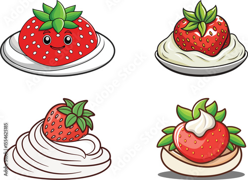 Cute strawberry dessert vector set with whipped cream, kawaii face, and cartoon fruit on white background
