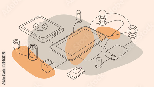 A drawing of a tablet and other electronic devices. The tablet is the center of the drawing and is surrounded by other devices such as a camera, a cell phone, and a laptop