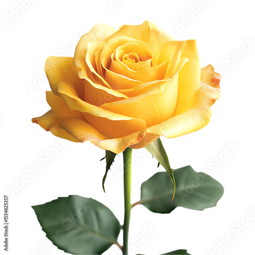 Single Yellow Rose Elegant Floral Blossom CloseUp View On Transparent Background