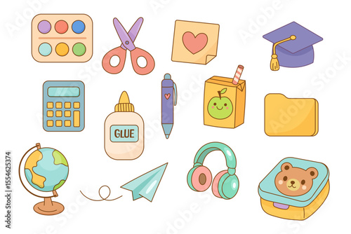 Cute school icon set with lunchbox and supplies