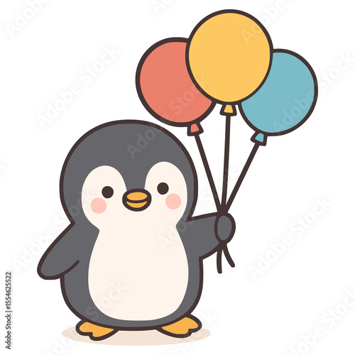 penguin holding balloons party celebration flat color vector illustration template design