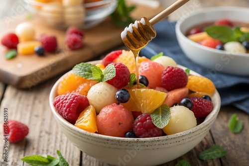 Fresh summer berry fruit salad in a white bowl with strawberries, blueberries, and raspberries, a delicious and healthy breakfast or dessert