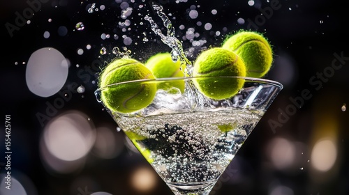 Tennis balls splashing in a martini glass.