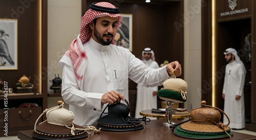 Saudi Arabian Man Carefully Selects Exquisite Falconry Hoods