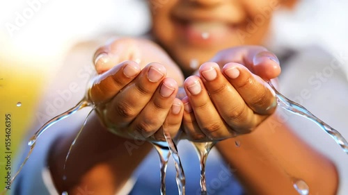Child's Cupped Hands Catching Fresh, Clear Water from Stream, Close-up in Sunlight. Purity, Nature, Scarcity Concept. Slow Motion Video Footage.