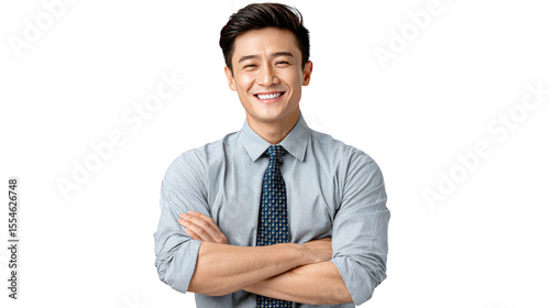 Confident Professional: A self-assured professional radiates a warm smile, arms folded with a sense of mastery and confidence in his tailored attire.