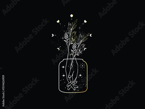 Mystic Hand Gesture with Celestial Elements and Leafy Wreath Vector Art