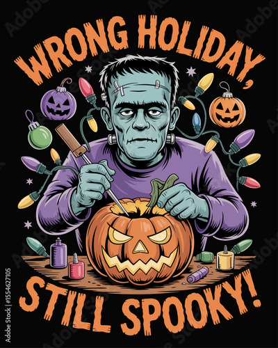 Frankenstein tangled in Christmas lights while carving pumpkin, captioned “Wrong Holiday, Still Spooky!” – festive confusion in colorful and comical seasonal crossover illustration.